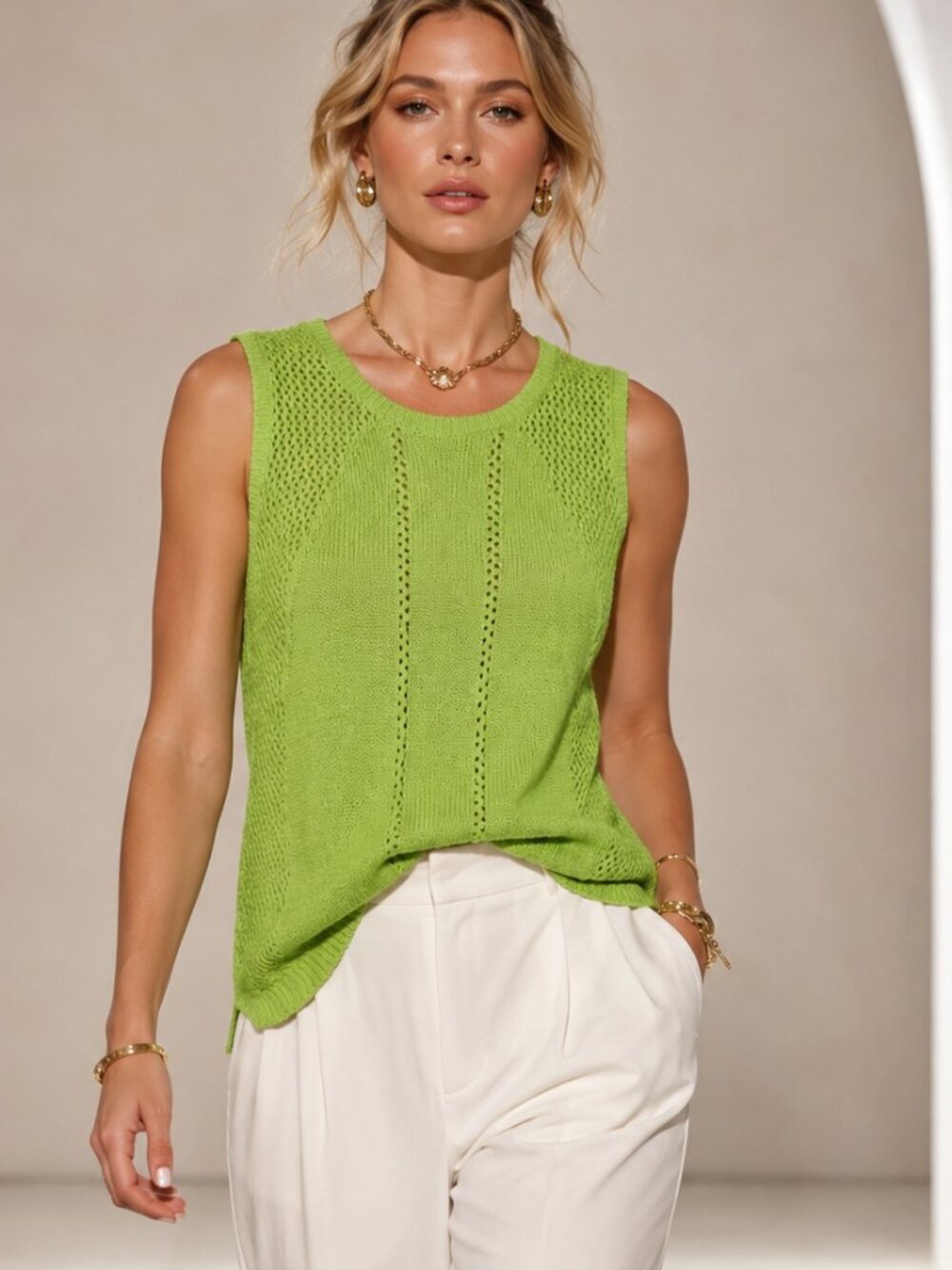 Cable & Gauge Lime Open Knit Sleeveless Sweater Top - L Coastal Chic NWOT